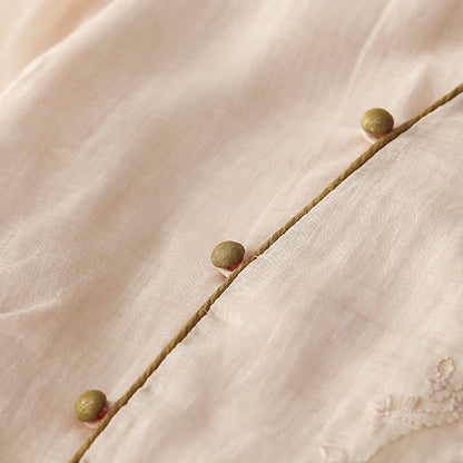 Buddha Stones Embroidery Buttons Design Long Sleeve Cotton Linen Midi Dress With Pockets
