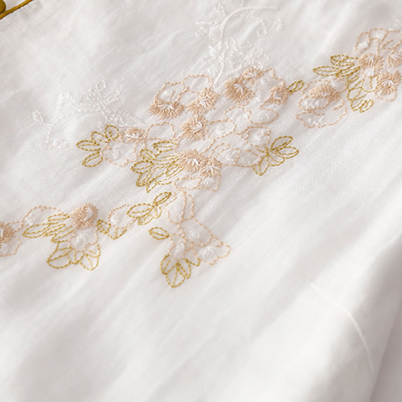 Buddha Stones Embroidery Buttons Design Long Sleeve Cotton Linen Midi Dress With Pockets