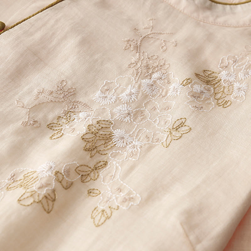 Buddha Stones Embroidery Buttons Design Long Sleeve Cotton Linen Midi Dress With Pockets