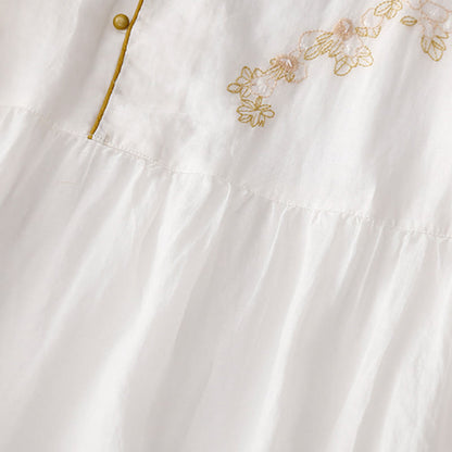 Buddha Stones Embroidery Buttons Design Long Sleeve Cotton Linen Midi Dress With Pockets