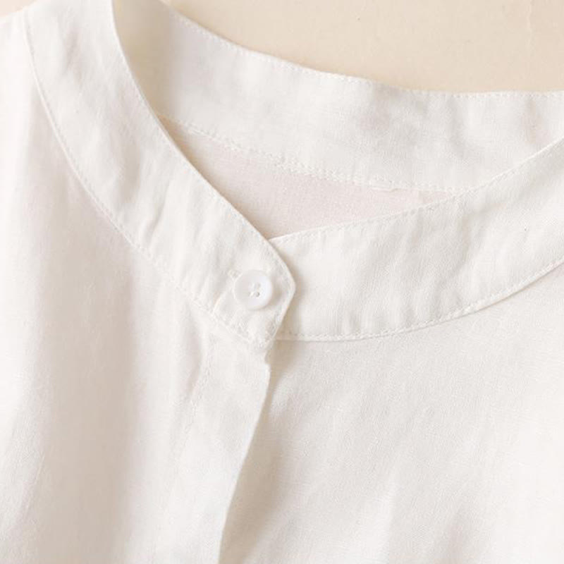 Buddha Stones Buttons Design Plain Long Sleeve Stand Collar Cotton Linen Midi Dress With Pockets