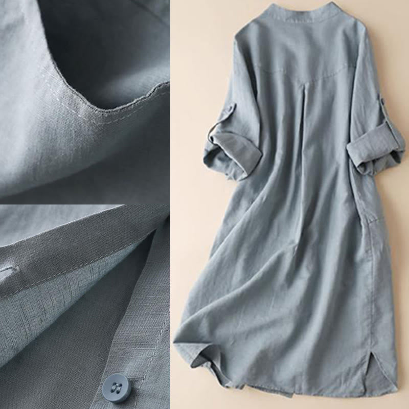 Buddha Stones Buttons Design Plain Long Sleeve Stand Collar Cotton Linen Midi Dress With Pockets
