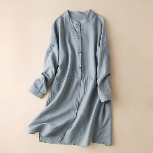 Buddha Stones Buttons Design Plain Long Sleeve Stand Collar Cotton Linen Midi Dress With Pockets