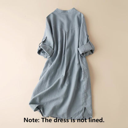 Buddha Stones Buttons Design Plain Long Sleeve Stand Collar Cotton Linen Midi Dress With Pockets