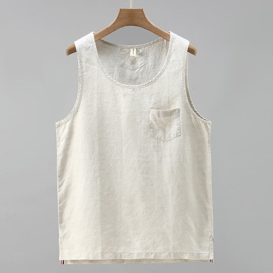 Buddha Stones Summer Solid Color Side Slit Design Sleeveless Men's Linen Vest