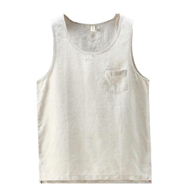 Buddha Stones Summer Solid Color Side Slit Design Sleeveless Men's Linen Vest