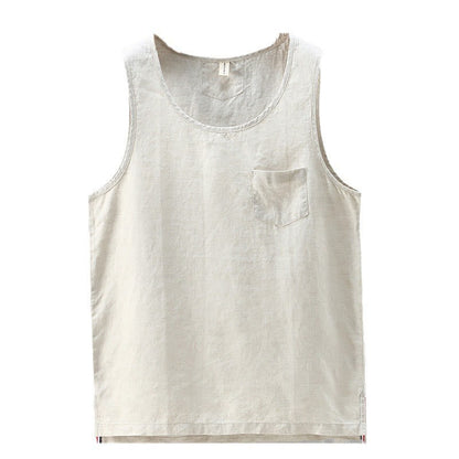 Buddha Stones Summer Solid Color Side Slit Design Sleeveless Men's Linen Vest