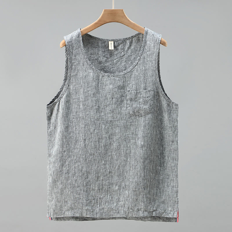 Buddha Stones Summer Solid Color Side Slit Design Sleeveless Men's Linen Vest