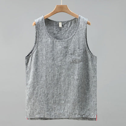 Buddha Stones Summer Solid Color Side Slit Design Sleeveless Men's Linen Vest
