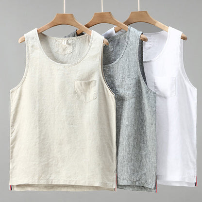 Buddha Stones Summer Solid Color Side Slit Design Sleeveless Men's Linen Vest