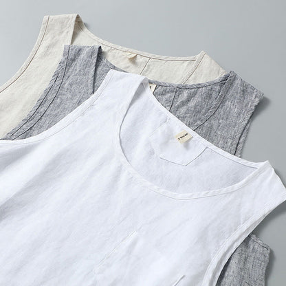 Buddha Stones Summer Solid Color Side Slit Design Sleeveless Men's Linen Vest