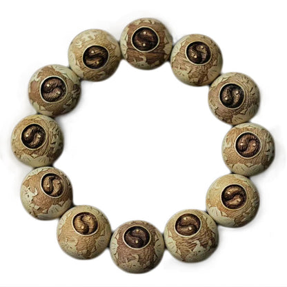 Buddha Stones Camphor Wood Yin Yang Ox Engraved Clarity Bracelet