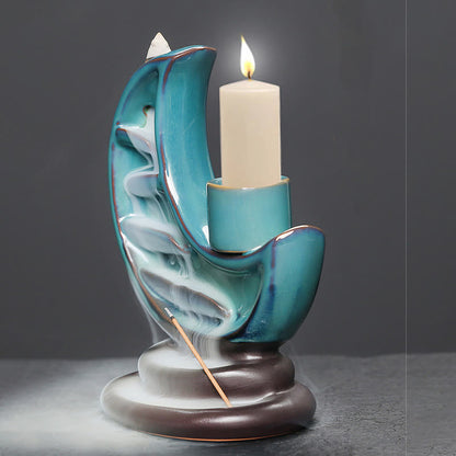 Buddha Stones Blue Crescent Moon Ceramic Backflow Smoke Fountain Meditation Candlestick Incense Burner Decoration