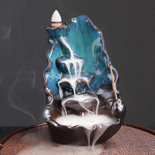 Buddha Stones Blue Lotus Leaf Ceramic Backflow Smoke Fountain Spiritual Incense Burner Decoration