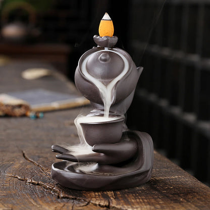 Buddha Stones Buddha Hand Holding Teapot Cup Ceramic Backflow Smoke Fountain Healing Incense Burner Decoration