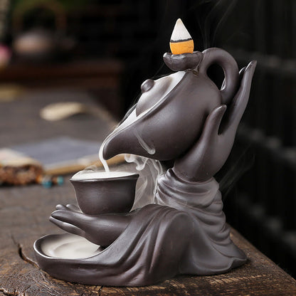 Buddha Stones Buddha Hand Holding Teapot Cup Ceramic Backflow Smoke Fountain Healing Incense Burner Decoration