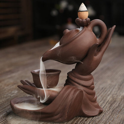 Buddha Stones Buddha Hand Holding Teapot Cup Ceramic Backflow Smoke Fountain Healing Incense Burner Decoration