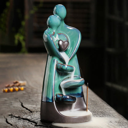 Buddha Stones Lovers Couple Embrace Love Ceramic Backflow Smoke Fountain Healing Incense Burner Decoration
