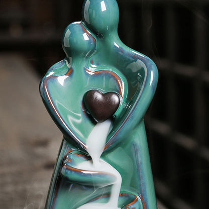 Buddha Stones Lovers Couple Embrace Love Ceramic Backflow Smoke Fountain Healing Incense Burner Decoration