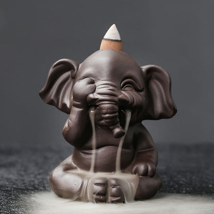Buddha Stones Cute Elephant Purple Clay Backflow Smoke Fountain Peace Healing Incense Burner Decoration