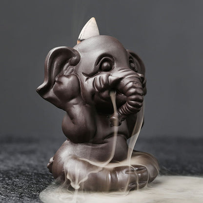 Buddha Stones Cute Elephant Purple Clay Backflow Smoke Fountain Peace Healing Incense Burner Decoration