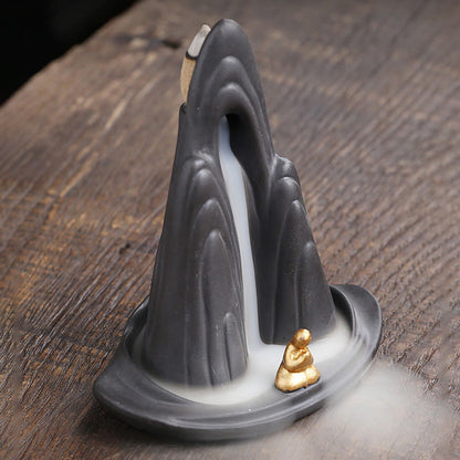 Buddha Stones Little Monk Mountains Flowing Water Purple Clay Ceramic Healing Backflow Incense Burner Decoration