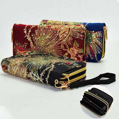 Buddha Stones Peacock Double-sided Embroidery Cash Holder Wallet Shopping Purse