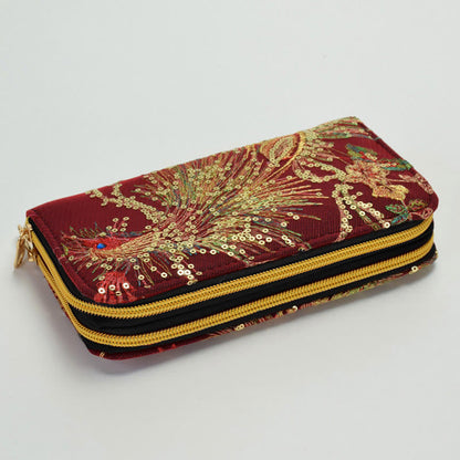Buddha Stones Peacock Double-sided Embroidery Cash Holder Wallet Shopping Purse