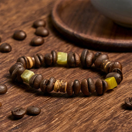 Buddha Stones Handmade Natural Coffee Beans Coconut Shell Square Jade Positive Bracelet