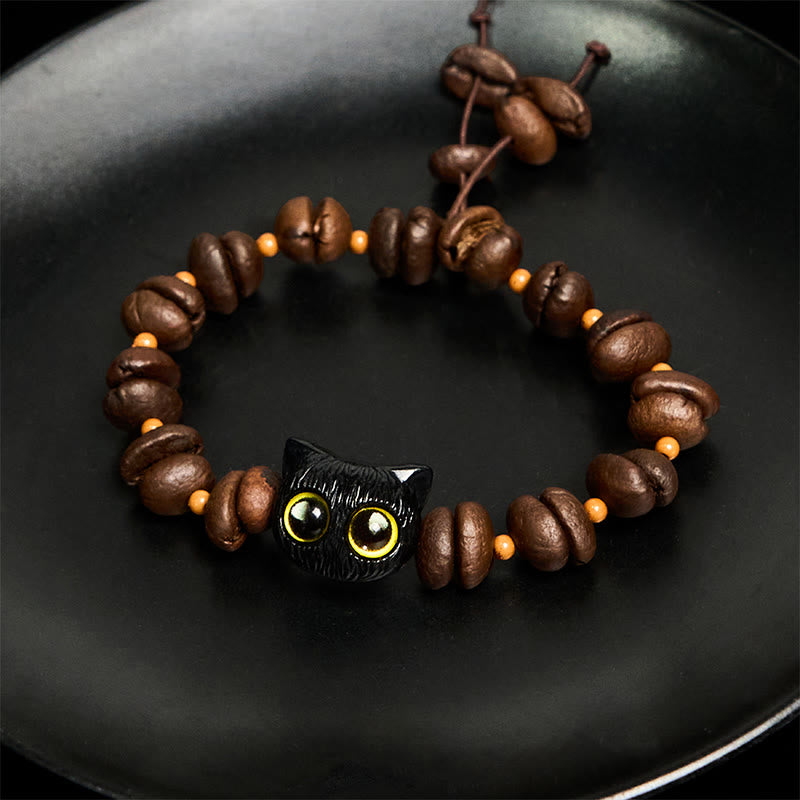 Buddha Stones Handmade Natural Coffee Beans Cat Head Bodhi Seed Claw Paw Peace Bracelet