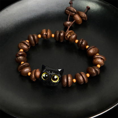 Buddha Stones Handmade Natural Coffee Beans Cat Head Bodhi Seed Claw Paw Peace Bracelet