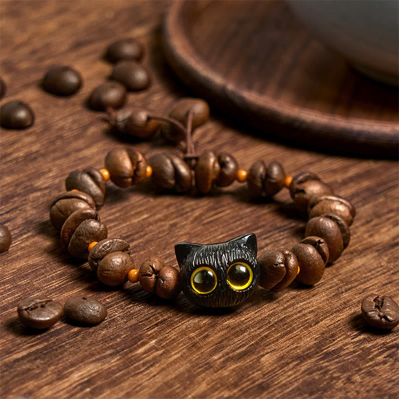 Buddha Stones Handmade Natural Coffee Beans Cat Head Bodhi Seed Claw Paw Peace Bracelet