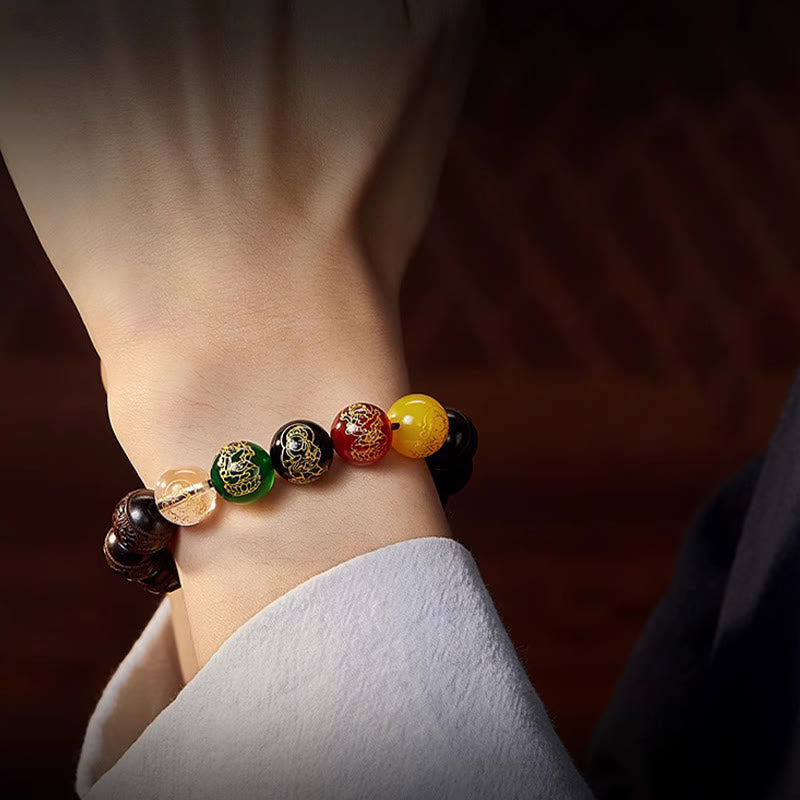 Buddha Stones Small Leaf Red Sandalwood Five Directions Gods of Wealth Calm Bracelet
