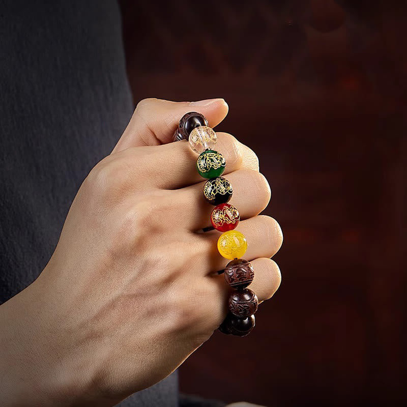 Buddha Stones Small Leaf Red Sandalwood Five Directions Gods of Wealth Calm Bracelet