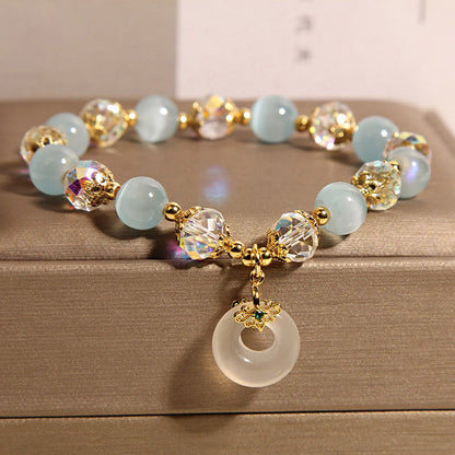 Buddha Stones Blue Cat's Eye White Crystal Peace Buckle Meaning Balance Bracelet