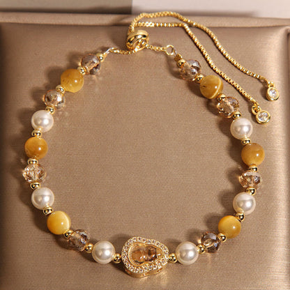 Buddha Stones Yellow Cat's Eye Stone Pearl Gourd Prosperity Bracelet