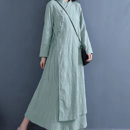 Buddha Stones Spring Casual Plain Frog-Button Design Side Lace-Up Cotton Linen Midi Dress