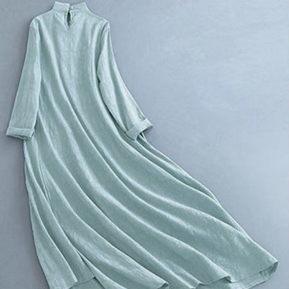 Buddha Stones Spring Casual Plain Frog-Button Design Side Lace-Up Cotton Linen Midi Dress