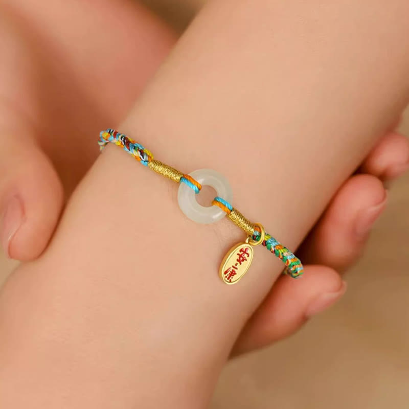 Buddha Stones Handmade Peace Buckle Jade Prosperity 925 Sterling Silver Colorful Rope Bracelet