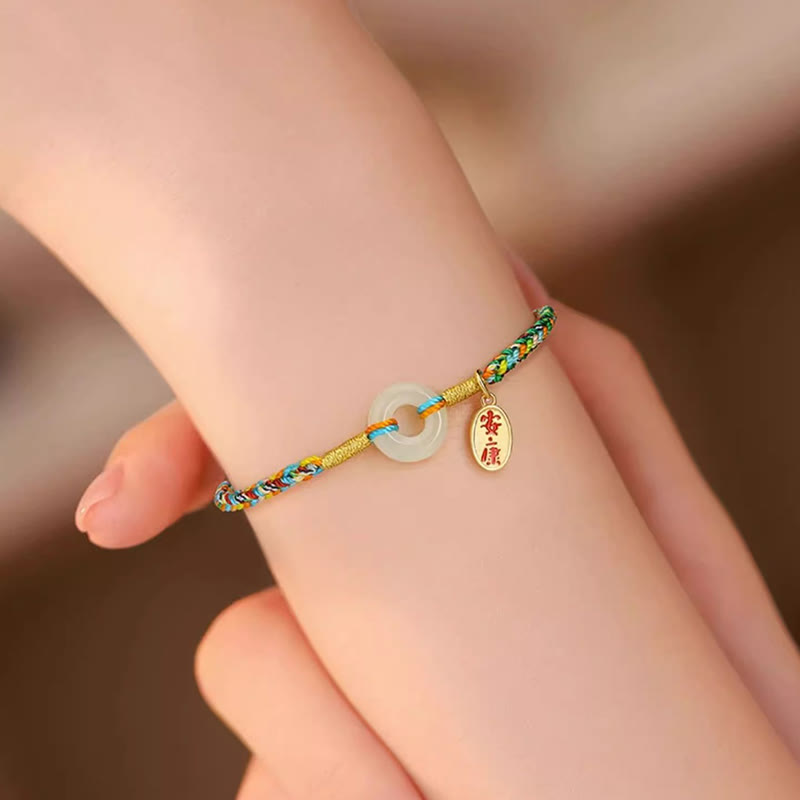 Buddha Stones Handmade Peace Buckle Jade Prosperity 925 Sterling Silver Colorful Rope Bracelet