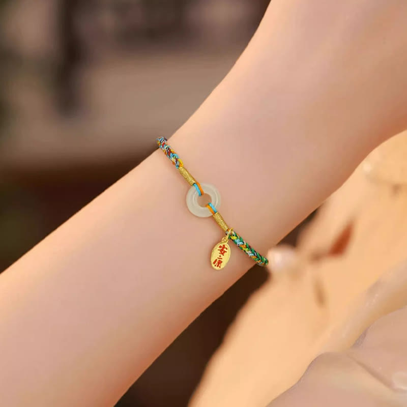 Buddha Stones Handmade Peace Buckle Jade Prosperity 925 Sterling Silver Colorful Rope Bracelet