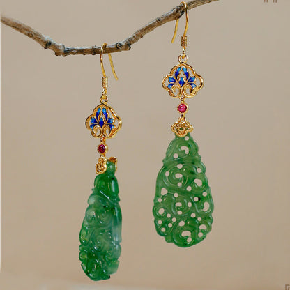 Buddha Stones Hollow Hetian Jade Enamel 925 Sterling Silver Prosperity Earrings