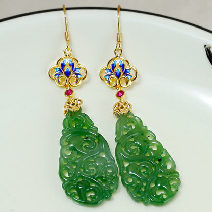 Buddha Stones Hollow Hetian Jade Enamel 925 Sterling Silver Prosperity Earrings