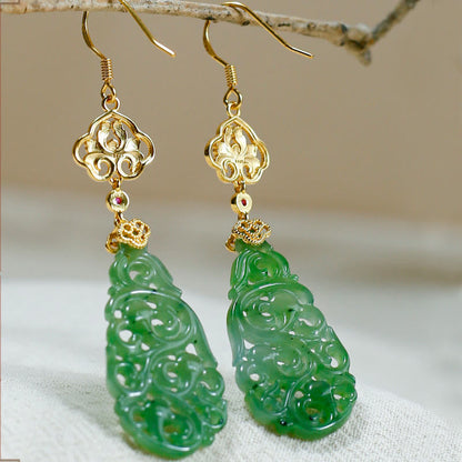 Buddha Stones Hollow Hetian Jade Enamel 925 Sterling Silver Prosperity Earrings