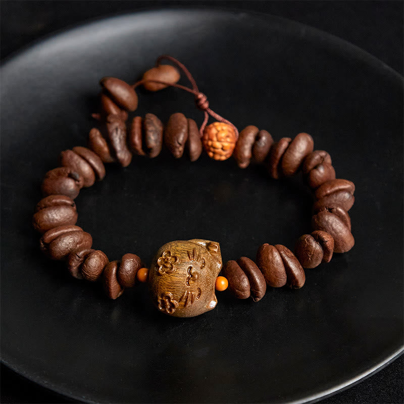 Buddha Stones Handmade Lucky Cat Real Coffee Beans Sandalwood Bracelet