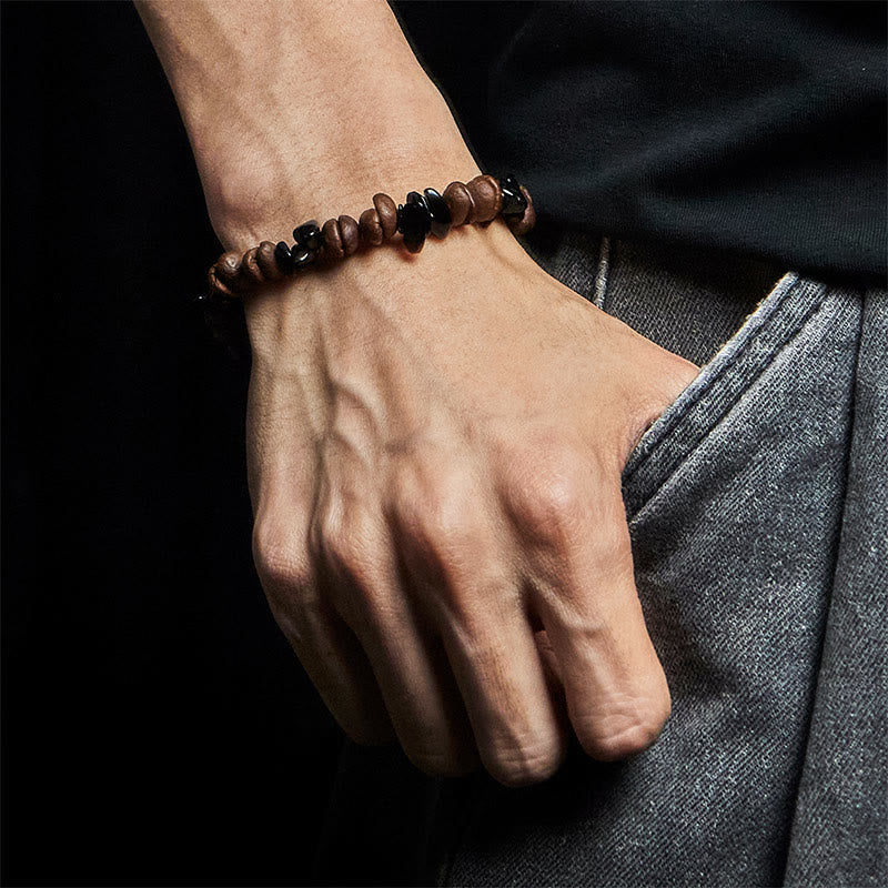 Buddha Stones Natural Coffee Beans Black Obsidian Rutilated Quartz Strength Bracelet