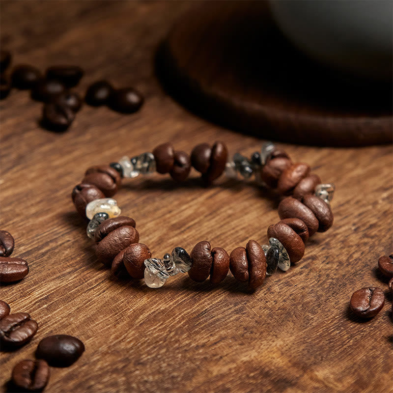Buddha Stones Natural Coffee Beans Black Obsidian Rutilated Quartz Strength Bracelet