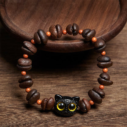 Buddha Stones Natural Cute Cat Coffee Beans Bracelet