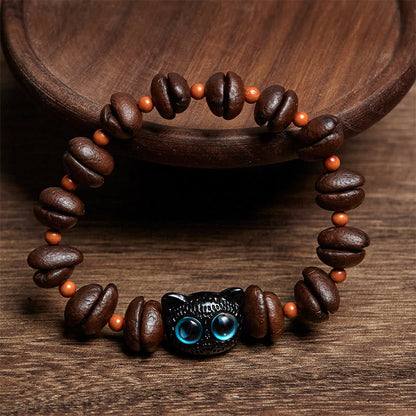 Buddha Stones Natural Cute Cat Coffee Beans Bracelet