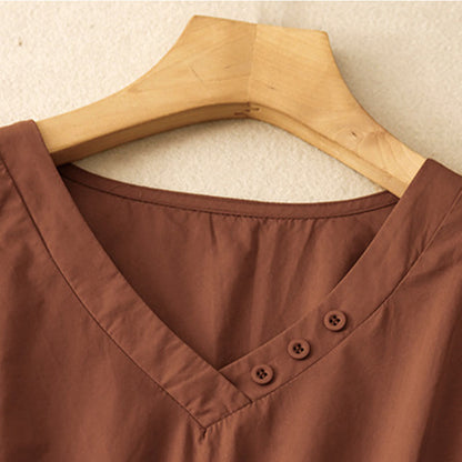 Buddha Stones Spring Plain V-neck Design Half Sleeve Cotton Linen Midi Dress With Pockets